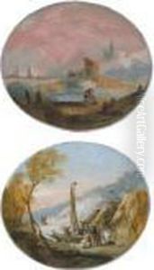 Pair Of Oval Capriccio 
Landscapes With Figures By A Lake, One Witha Bridge And Buildings, The 
Other With Straw Huts Near The Shoreand Both With Boats