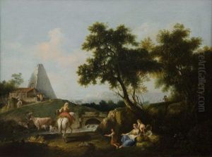 Paesaggio Fluviale Con Alberi, Piramide E Figure by Giuseppe Bernardino Bison