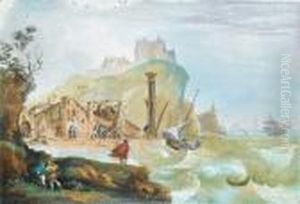 A Rocky Coastline With Shipping 
Foundering In Stormy Seas With Figures At A Harbour Looking On