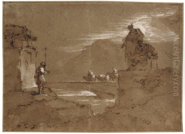 A Moonlit Coastal Landscape With
 Two Men Looking On As Figures Leadanimals Across A Bridge - view 1