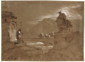 A Moonlit Coastal Landscape With
 Two Men Looking On As Figures Leadanimals Across A Bridge