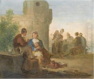 A Landscape With Peasants Resting Outside A Tavern by Giuseppe Bernardino Bison