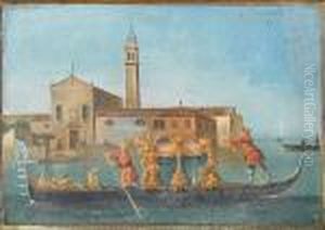 A Gondola Passing Before A Lagoon Island With A Church by Giuseppe Bernardino Bison