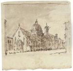 View Of A Church By A Canal (recto), The Facade Of A Pedimented Church (verso) by Giuseppe Bernardino Bison
