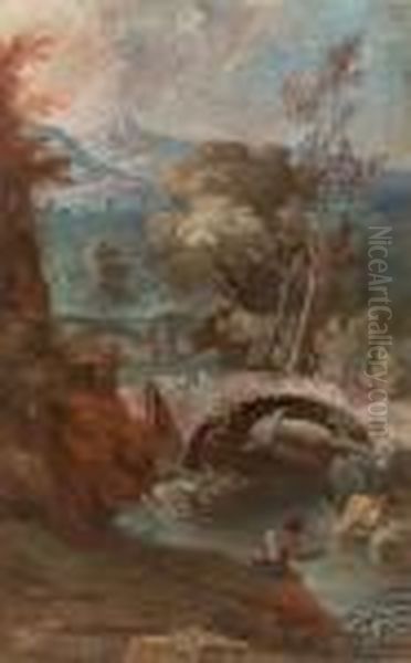 Paesaggio Con Ponte Su Un Ruscello, Pescatore E Viandanti - view 1