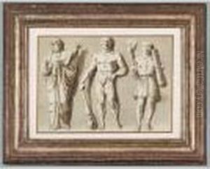 Etudes De Trois Figures Antiques
 [, Study Of Three Antique Figures, Pen And Brown Ink, Brown Wash 
Heightened With White Gouache On Prepared Paper ]