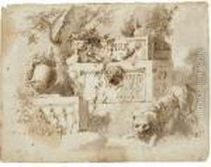 Un Lion Devant Un Sarcophage Antique Et Une Amphore by Giuseppe Bernardino Bison