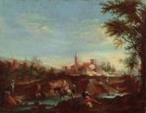 Paesaggio Collinare Con Antico Borgo E Contadini