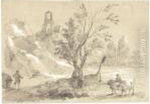 Landscape With A Waterfall, A 
Man Fishing To The Left, A Cowherd And His Animals To The Right