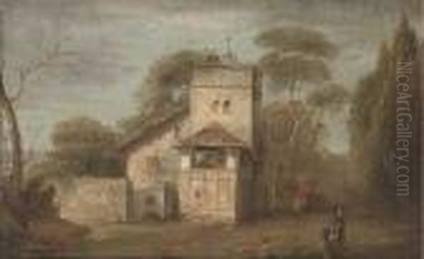 A Wooded Landscape With Travellers By A House - view 1