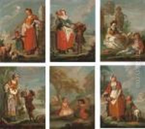 A Shepherdess And A Child In A
Landscape With Ruins; A Young Girl With Children Collecting Flowers In
An Extensive Landscape; A Shepherd, Shepherdess And A Boy With A Sheep
In An Extensive Landscape; A Shepherdess Showing A Boy A Caged Bird In
An by Giuseppe Bernardino Bison