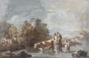 A Family Crossing A Stream With A Cow A Family Crossing A Stream With A Cow