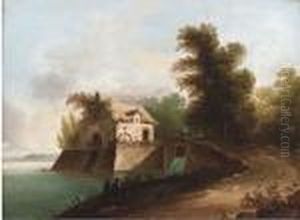 A River Landscape With Anglers On A Track A River Landscape With Anglers On A Track