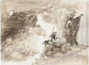 Three Figures In A Rocky, Mountainous Landscape With A Full Moon by Giuseppe Bernardino Bison