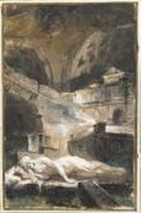 A Vestal Virgin Reclining Near A Holy Fire In A Tomb by Giuseppe Bernardino Bison