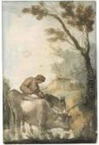 A Shepherd Crossing A Ford With A Cow And A Donkey, A Farmhousebeyond