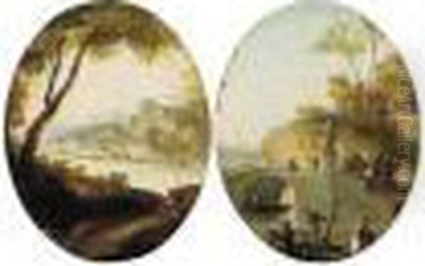 River Landscape With A Barge Passing A Town - view 1