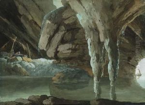 An Hermit Saint Writing In A Grotto By The Sea, Boats In Thebackground