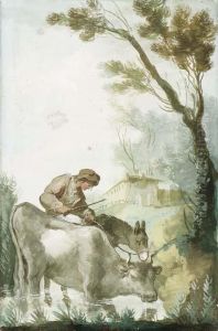 A Shepherd Crossing A Ford With A Cow And A Donkey by Giuseppe Bernardino Bison