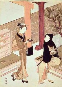 Osen of the Kagiya serving tea to a customer by Suzuki Harunobu