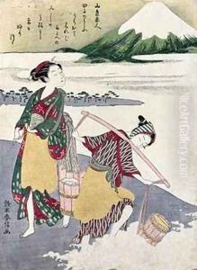 Salt Maidens on the Tago no ura Beach with Mt Fuji Behind by Suzuki Harunobu