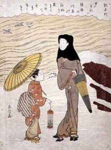 Lady and Maid Walking by a River by Suzuki Harunobu