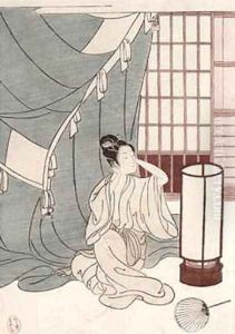Young woman kneeling by her mosquito net by Suzuki Harunobu
