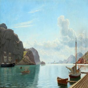 Norwegian Inlet With Boats On Calm Water by Christian Vigilius Blache