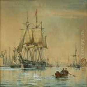 View Of Copenhagen Harbour With Numerous Sailing Ships by Christian Vigilius Blache