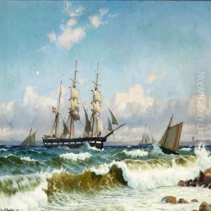 Bark And Pilot Boat Off The Coast In Stormy Weather by Christian Vigilius Blache