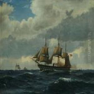 Seascape With The Frigate Sjaelland And Sailing Boats by Christian Vigilius Blache