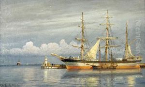Sailing Ships In Harbour by Christian Vigilius Blache