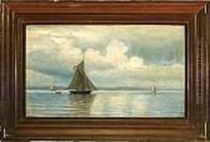 A Marine With Sailing Ships Along The Coast Of Hellebaek Village, Denmark by Christian Vigilius Blache