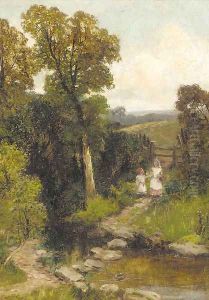 Young girls by the stepping stones by Robert John Hammond