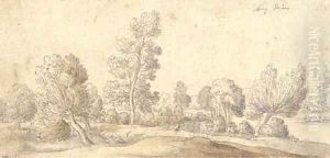 A landscape near Dutren with pollarded willows by a stream by Wenceslaus Hollar