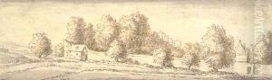 A landscape with trees and a walled park