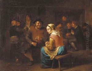 Boors carousing in an inn, with a courting couple by Egbert Jaspersz. van, the Elder Heemskerck