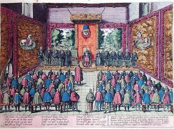 The Emperor Charles V 1500-58 announces the abdication of his power over the Low Countries to his son and heir Philip II 1527-98 before the court at Brussels on the 25th October 1555 - view 1