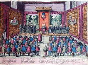The Emperor Charles V 1500-58 announces the abdication of his power over the Low Countries to his son and heir Philip II 1527-98 before the court at Brussels on the 25th October 1555 by Franz Hogenberg