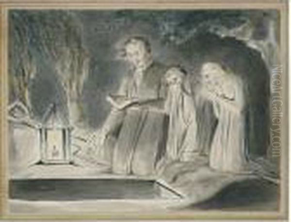 A Father And Two Children Beside An Open Grave At Night By Lantern Light - view 1