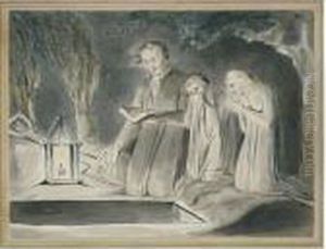 A Father And Two Children Beside An Open Grave At Night By Lantern Light by William Blake