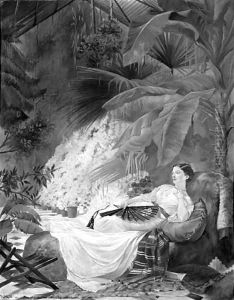 Portrait of Adelaide Maria, Countess of Iveagh, reclining on an sofa in a palm-house