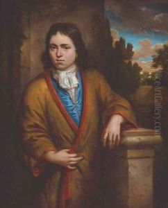 Portrait of a young man, three-quarter-length, in a yellow silk kimono with a red lining, wearing an earring, leaning on a stone plinth by Arnold Houbraken
