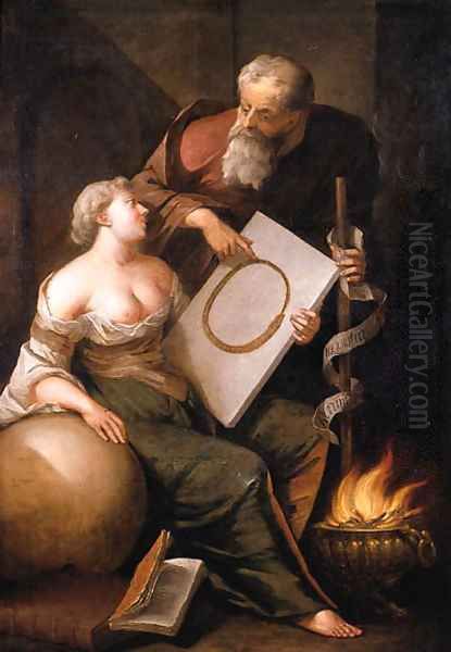 Eternity seated by a five, holding a tablet with the ouroboros in her left hand, her right hand leaning on a sphere, as Wisdom stands nearby - view 1