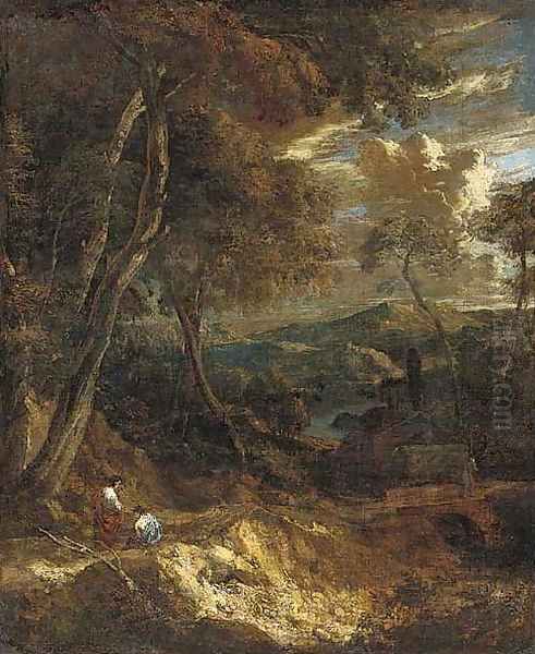 A wooded landscape with figures on a track - view 1