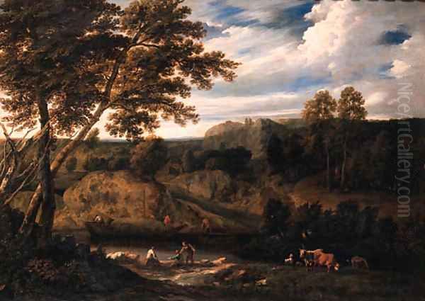 Fishermen on a river bank with a peasant woman and cattle in a meadow, a haybarge near a landing stage, in an Italianate landscape - view 1