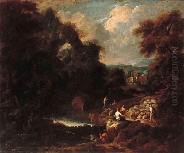 An Italianate landscape with peasants resting on a track by a stream - view 1