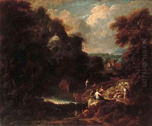 An Italianate landscape with peasants resting on a track by a stream by Cornelis Huysmans