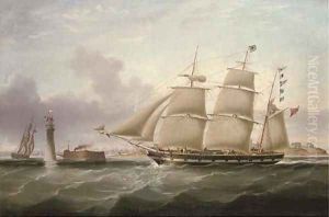 The barque Emilia heading into Liverpool and shown in two positions off the Perch Rock fort and lighthouse