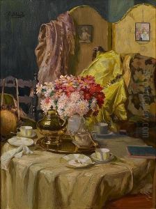 Interior With Flowers And Tea Set by Jacques-Emile Blanche